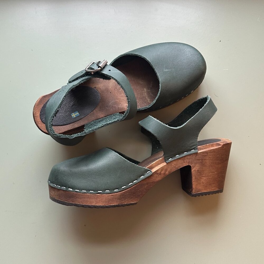 Lotta From Stockholm Highwood Green Leather Clog Brown Wood Heel EU 40 / US 9.5